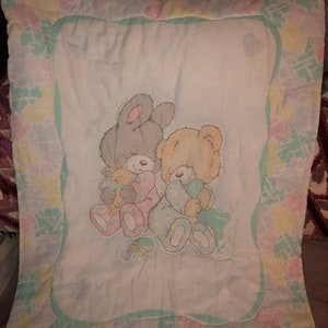 Vintage Baby Blanket Bear Bunny Sleep pajamas Quilted Thin Pastel designs 42&quot; x 33&quot;  white yellow teal pink