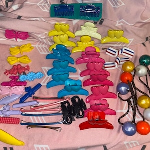 Vintage Hair Barretts Metal plastic Clips Ponytail flowers Animals Lot sets Girls doll braids Accessories butterflies Hearts Cats birds image 1