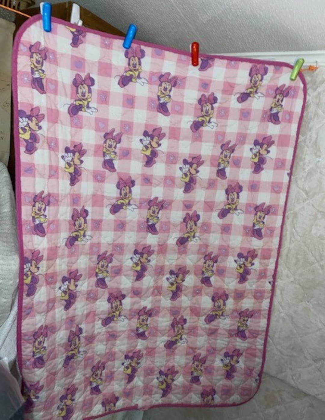 Vintage Minnie Mouse Toddler Bed Blanket Quilt Pink Purple Plaid