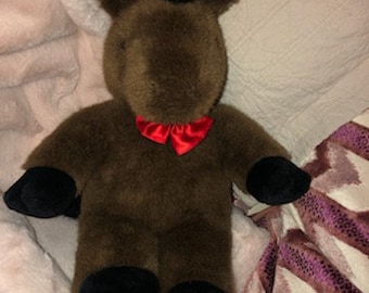 Vintage Hugfun Burro peluche sedoso rojo pajarita pajarita marrón oscuro  melena negra hooves ecu 1999