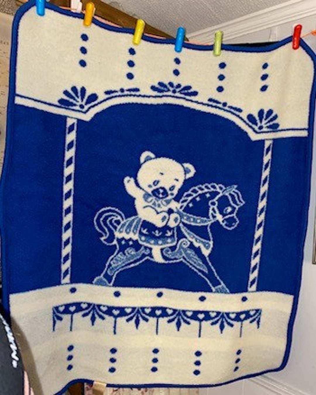 Vintage San Marcos Baby Blanket Bear Riding Horse Pony Royal Blue White