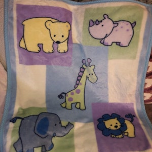 Vintage Kids Line Baby Blanket Polar Bear Rhinoceros Giraffe Lion Elephant Blue Green Purple Squares ECU