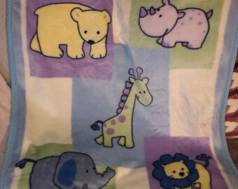 Vintage Kids Line Baby Blanket Polar Bear Rhinoceros Giraffe Lion Elephant Blue Green Purple Squares ECU