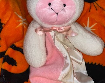 Vintage Stephan Plush Lamb Lovey Pink White Satin Box Trim