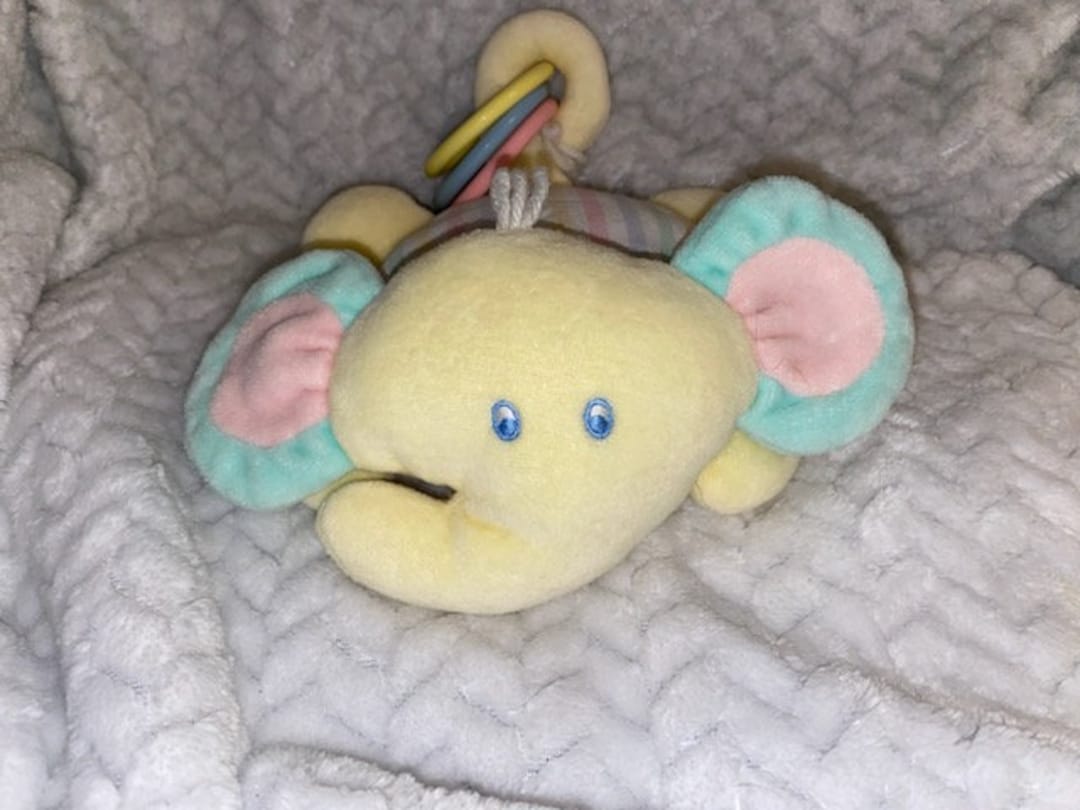 Vintage Eden Elephant Plush Pastel Yellow Teal Pink Mint Stripes Yarn Hair ECU Velour and Fabric 6 Rings on Tail Etsy