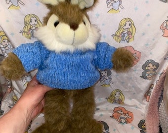 Vintage Bunny Plush Tall Wears Blue Sweater Brown White Cream Face