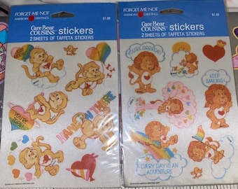 Vintage Care Bears Stickers Cousins Playful Heart Monkey plus Brave Heart Lion NIP 1985 AGC