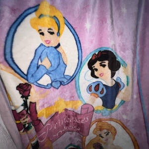 K&ouml;nnte beinhalten: Eine rosa Fleece-Decke mit einem Design, das Disney-Prinzessinnen zeigt. Die Prinzessinnen sind Cinderella, Schneewittchen, Belle und Arielle. Die Decke hat den Text "Princesses" darauf.