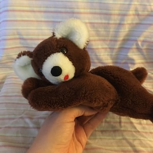 Vintage Etone Bear plush Laying head Red felt tongue pom pom nose 9&quot; Teddy Brown White Ears