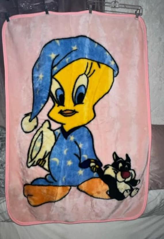 Vintage Tweety Bird Baby Blanket Pink wearing Blue Pajamas Holding Junior Sylvester baby ECU 34 x 50 Pillow