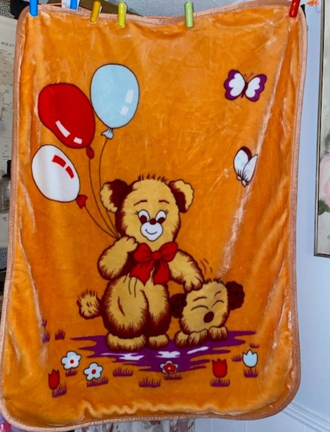 Vintage Baby Blanket Bear Balloons Puppy Dog Round Butterflies Etsy