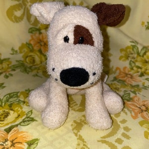Vintage Russ Dog Plush Snaps Cream Color Red Tongue Chamois ECU Brown Tail Eye Patch Ear