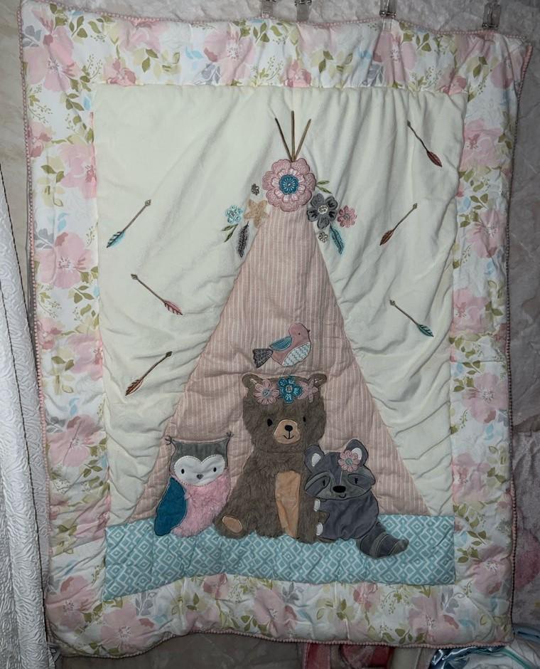 Baby Blanket Fuzzy Bear Owl Raccoon Pink Tent Floral Flowers Trim Dots  Pastel Aqua Green Leaves Arr