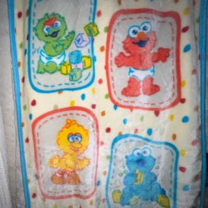 Vintage Sesame Street Baby Blanket Oscar Elmo Big Bird Cookie Monster as Babies Wearing Diapers Aqua Trim Dotted Line Dots ECU