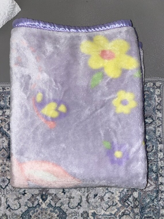 Vintage Baby Blanket Purple Flowers Yellow Pink Bunnies Brown