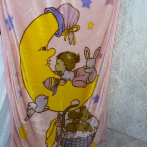 Vintage baby Blanket Girl Moon with Night Cap Basket Bear Bunny Bottle Bird Stars Pink Purple Yellow Brown ECU