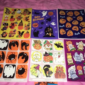 Vintage Halloween Stickers Lot Hallmark American Greeting Bats Monsters Tombstones Kittens mice 9 Sheets