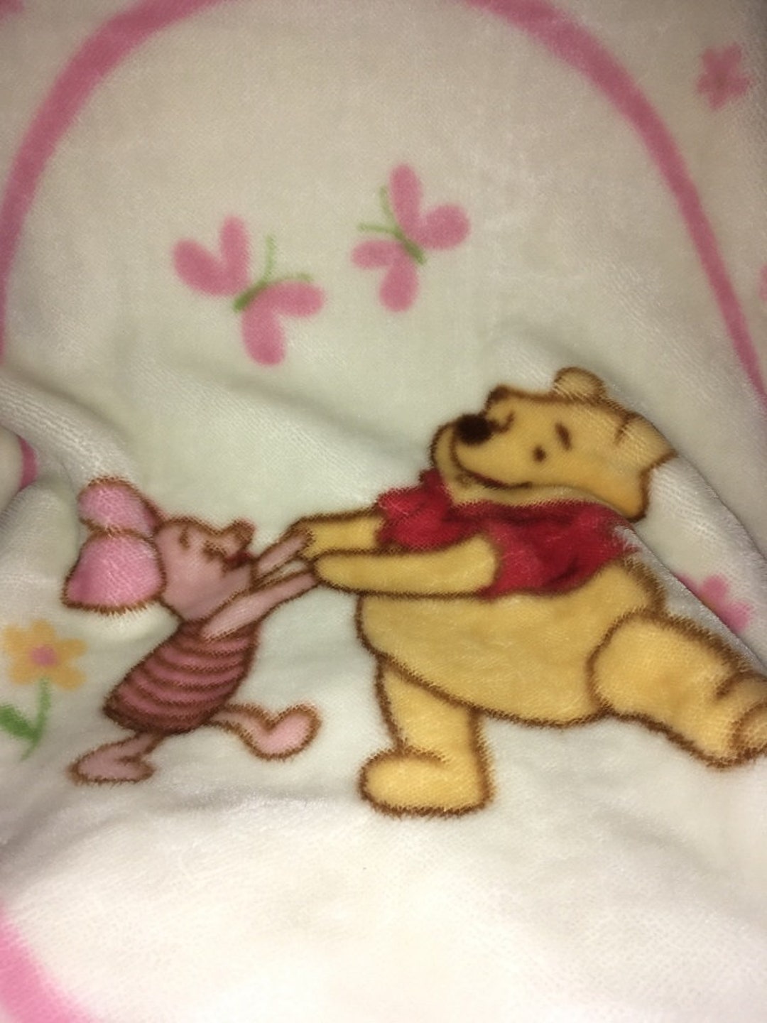 Vintage Winnie the Pooh Baby Blanket Play Friends Butterflies Pink