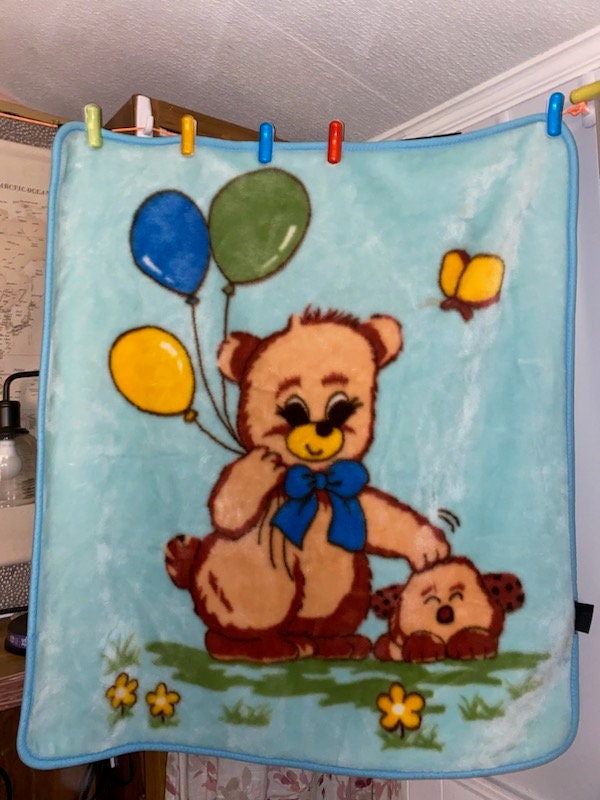 Vintage Baby Blanket Bear Balloons Butterfly Pastel Aqua slightly thicker version ECU Shaggy Puppy 42 x 45