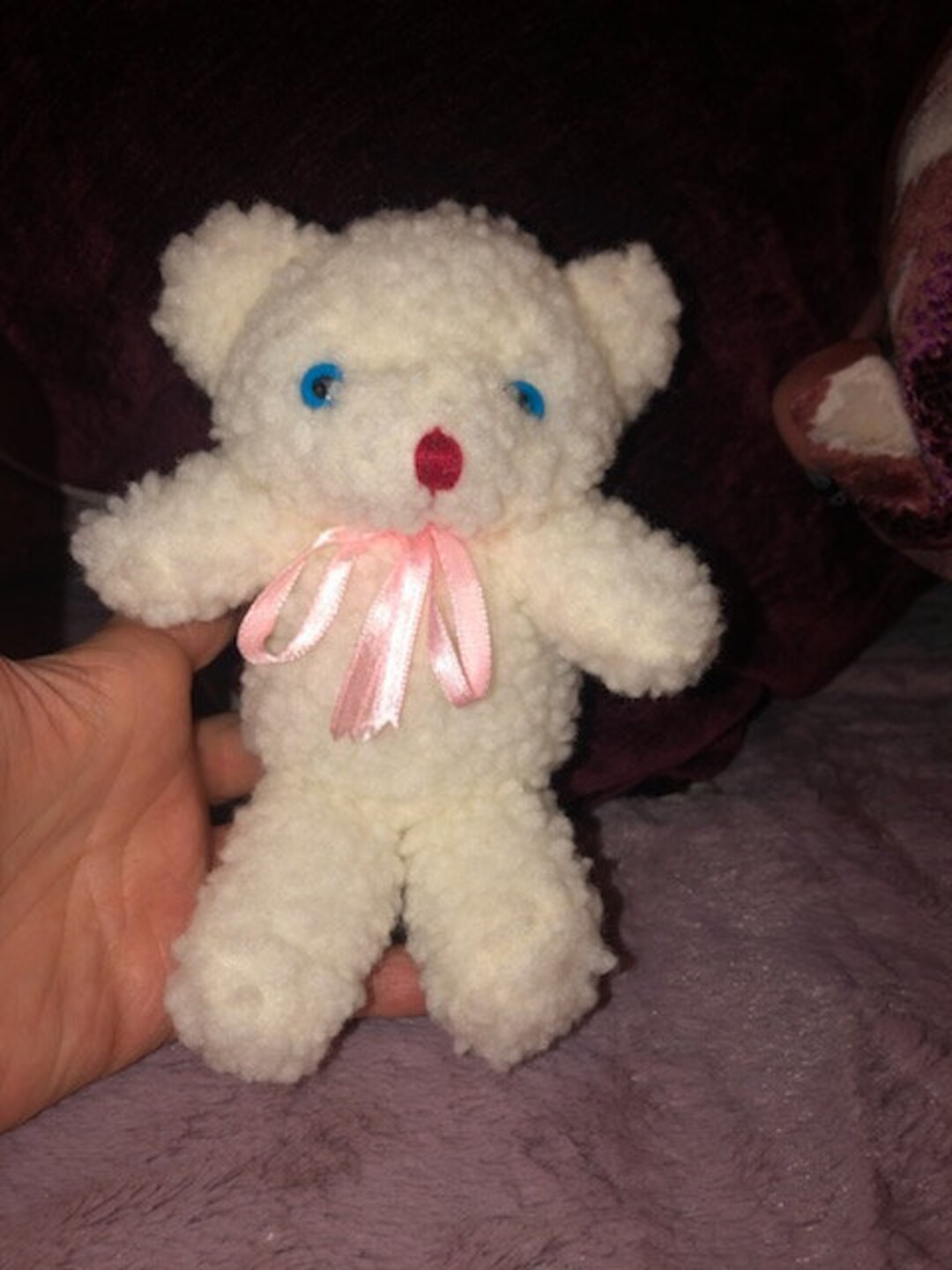 * vintage bear ❀ * もふもふ ピンクリボンの 白クマさん Vintage Nadel & Sons Bear Plushwhite Sheep Fur Type Blue Eyes Red