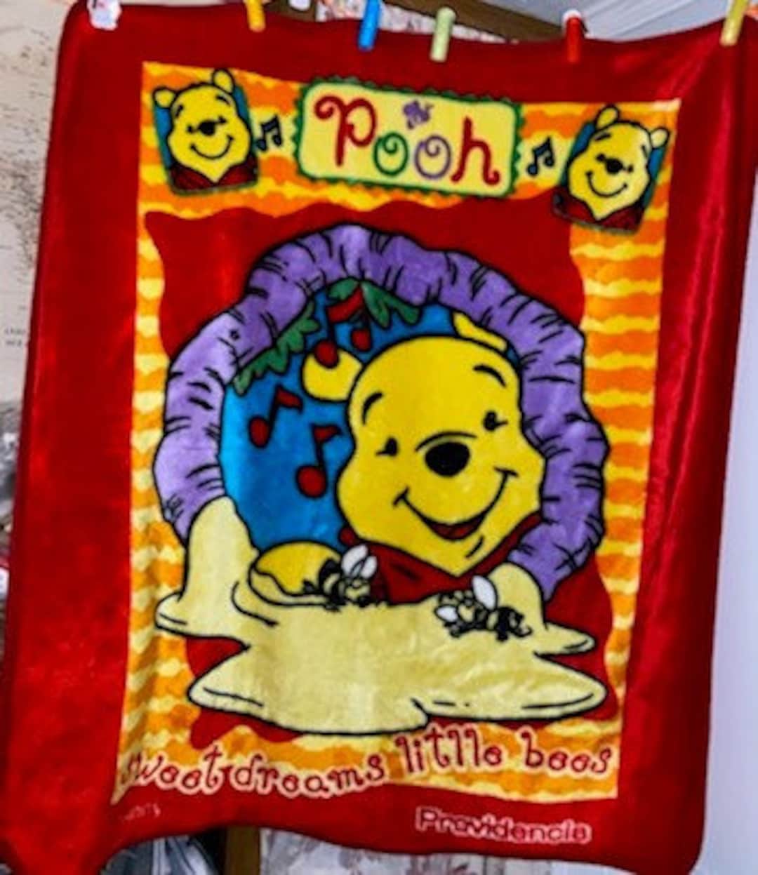 Vintage Winnie the Pooh Baby Blanket Sweet Dreams Little Bees Looking in a Tree Hive Smile Red Aqua Orange Sleeping Bees Honey Music Notes Etsy