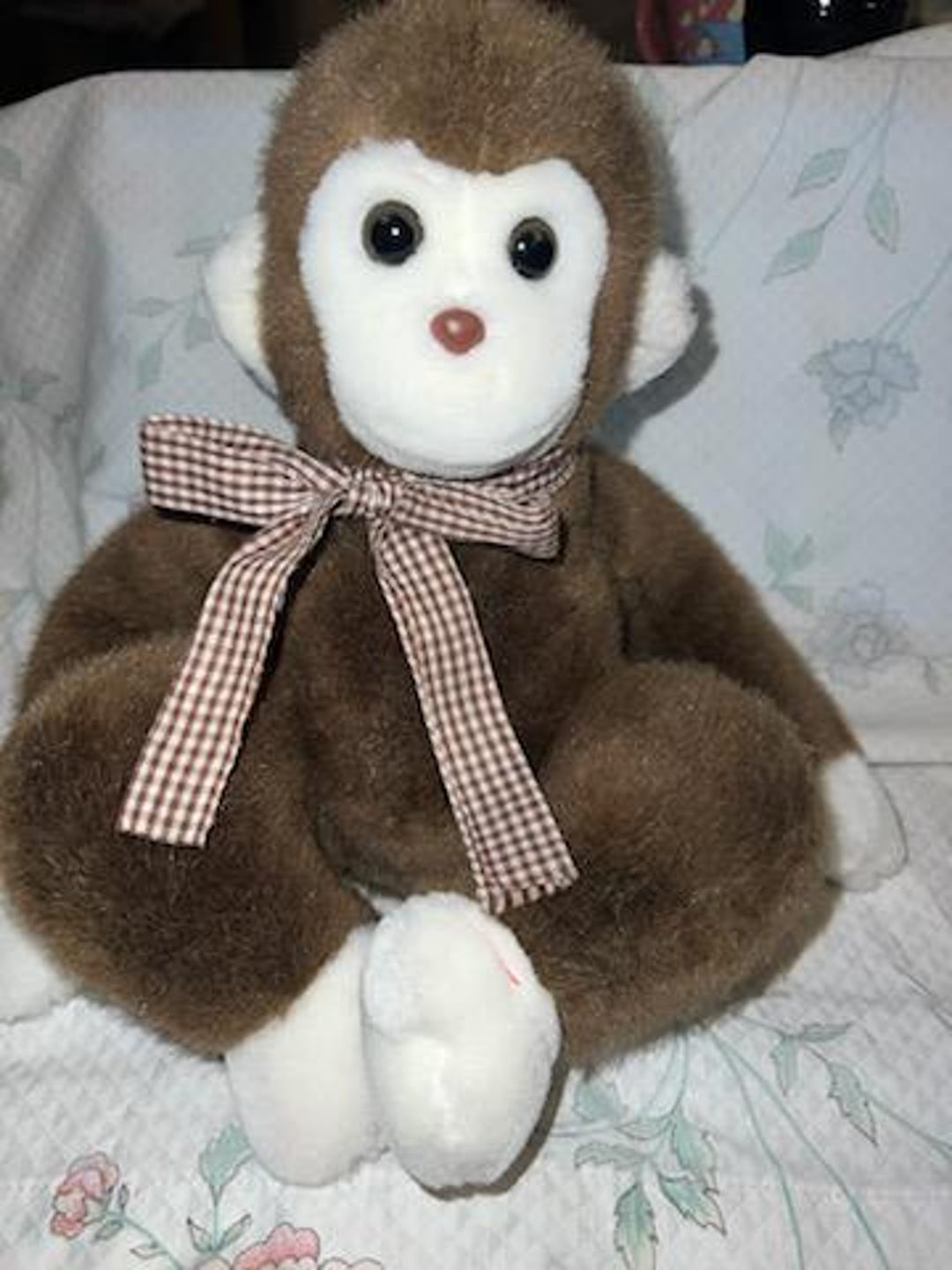 Vintage Sanrio Monkey Plush 1976,1987 Brown White Gingham Ribbon