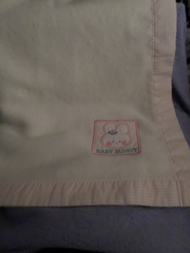 Cuddle Time Baby Bunny Blanket Vintage white pink pin stripes around rosy cheeks 44x 36 Warm Rabbit Lovey child