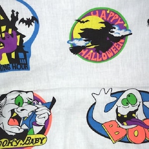 Vintage Halloween Fabric Panel make Iron ons Dracula Ghost Boo Hallmark Craft Bright Colors Neon Cat Haunted House 8 designs Cut out