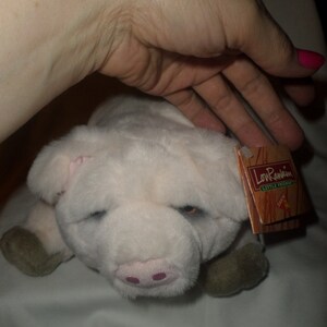 May include: A white plush pig with pink ears and a pink snout. The pig is lying on its side with its legs outstretched. The pig has a tag attached to its ear that says "Lon-Ranch Little Friends" and "Daisy".