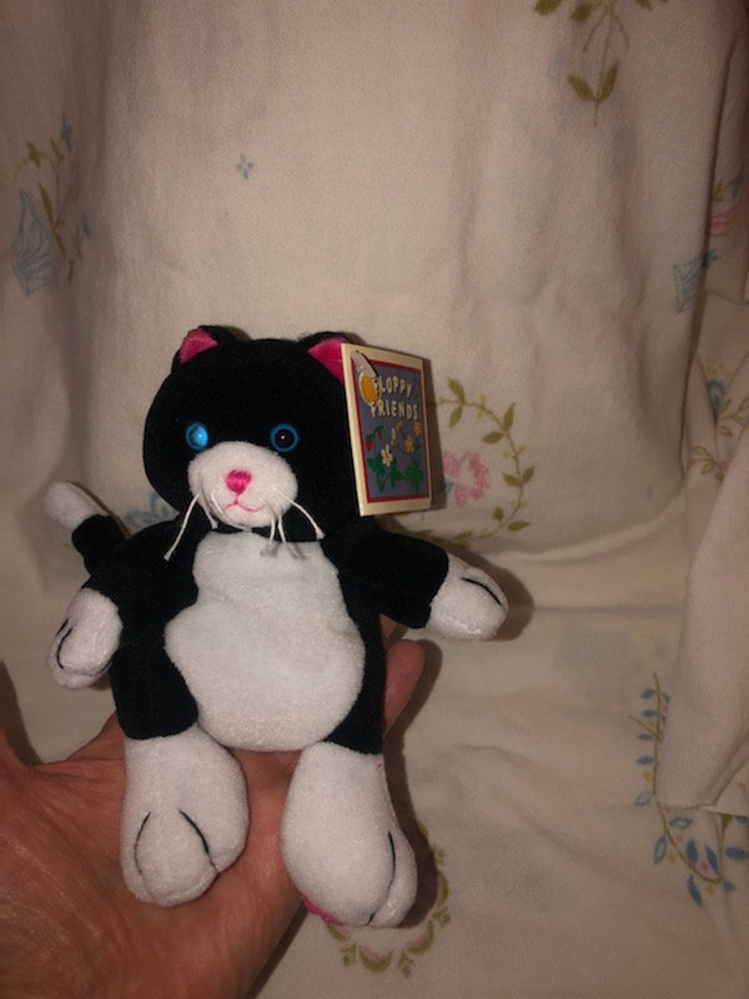 Vintage Floppy Friends Cat Plush Black White Pink Blue Eyes Vintage Floppy Friends Cat Plush Black White Pink Blue Eyes