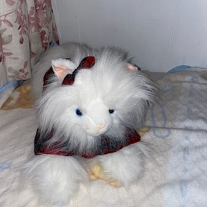 May include: White plush cat toy wearing a red and black plaid shirt. The cat has blue eyes and a pink nose.