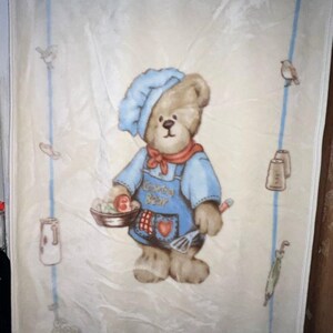 Manta de bebé vintage con forma de oso, chef, zanahoria, rábano, paraguas, salero, pimentero, espátula, pájaros, delantal, pañuelo rojo, sombrero azul, corazón, tomate, ECU