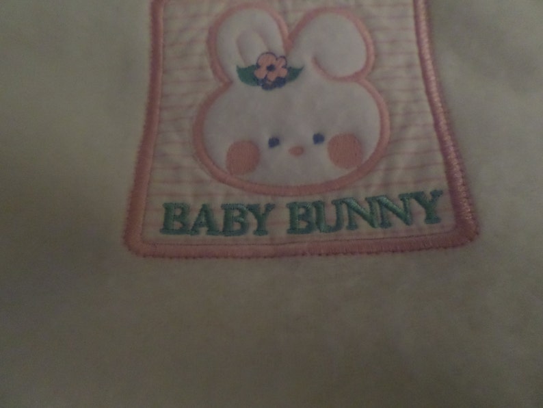Cuddle Time Baby Bunny Blanket Vintage white pink pin stripes around rosy cheeks 44x 36 Warm Rabbit Lovey child