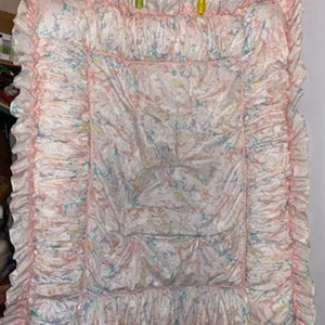 Vintage Patch Kraft Baby Quilt Blanket Puffy Floral Ruffles Pink thin ribbons White yellow Gray-blue ECU