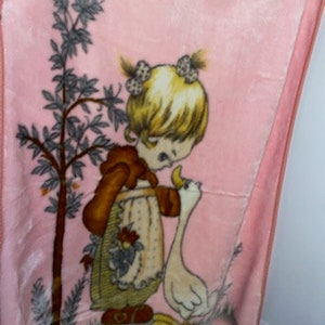 May include: A pink fleece blanket with a girl and a goose. The girl is wearing a brown dress and has blonde hair. The goose is white and has a long neck. The blanket has a white border.