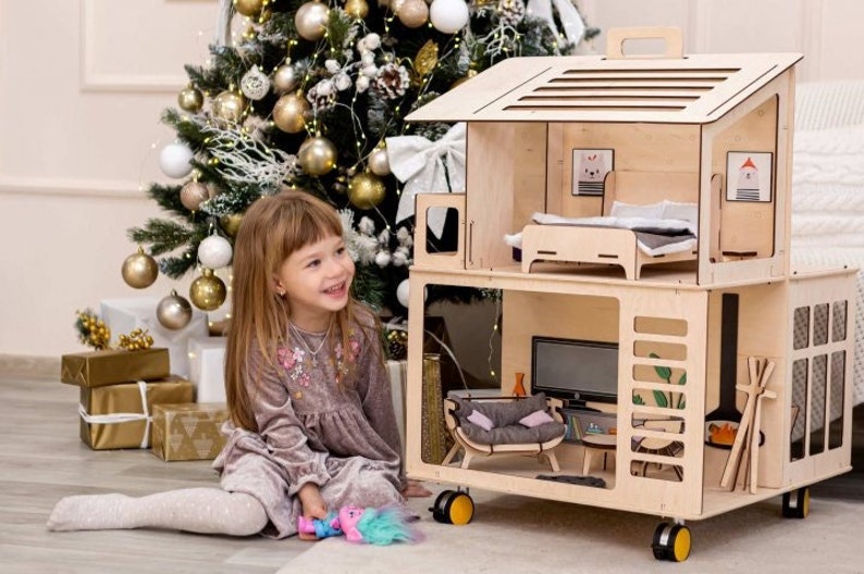 Modern Dollhouse Wooden Dollhouse With Furnitures Girl Gift Etsy