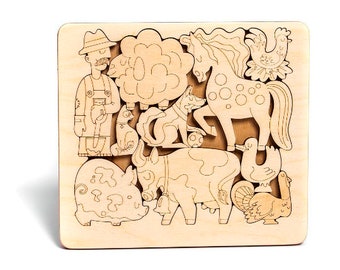 Farm Wooden Puzzle: Fun Montessori Learning Activity for Kids. Personalized Gift with Coloring Option. Perfect for Classroom and Gift Giving