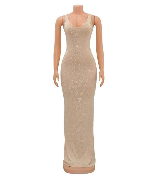 Glamorous Rhinestone Mesh Birthday Dress , Crystal Dress Summer Diamond Straight Floor Length Club/Event Outfit