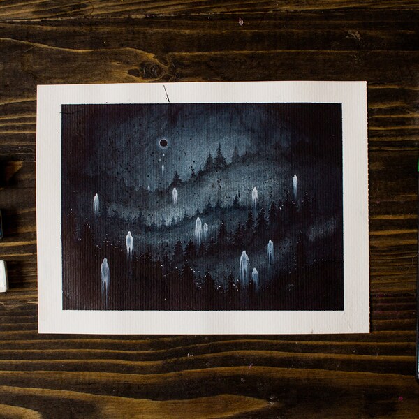 ORIGINAL Eclipse series: Farewell of spirits, OOAK Fantasy Art Original Watercolor Painting, Gothic, Dark, Misterious, Forest, ghosts