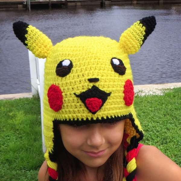 Patron de crochet de chapeau Pikachu | Modèle de chapeau au crochet Pokemon | Déguisement Pikachu | Modèle de bonnet à rabat pour bébés, enfants et adultes