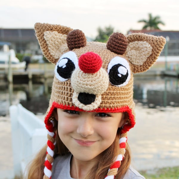 Rudolph the Red Nosed Reindeer Crochet Hat Pattern | Kids Christmas Hat Tutorial | Ear Flap Hat Pattern for sizes Toddler through Adult