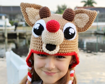 Rudolph the Red Nosed Reindeer Crochet Hat Pattern | Kids Christmas Hat Tutorial | Ear Flap Hat Pattern for sizes Toddler through Adult