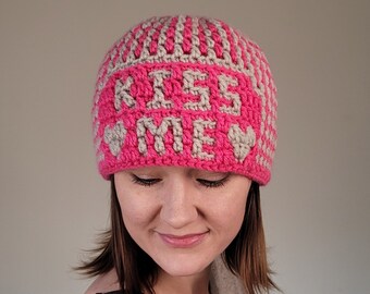 Kiss Me Crochet Hat Pattern | Valentine's Day Mosaic Crochet Pattern | Baby, Childrens, & Adult Sizes | Digital Download with Photo Tutorial