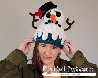 Melting Snowman Crochet Hat Pattern | Digital Crochet Beanie Tutorial for Christmas and Winter | Baby, Toddler, Child, & Adult Hat Sizes