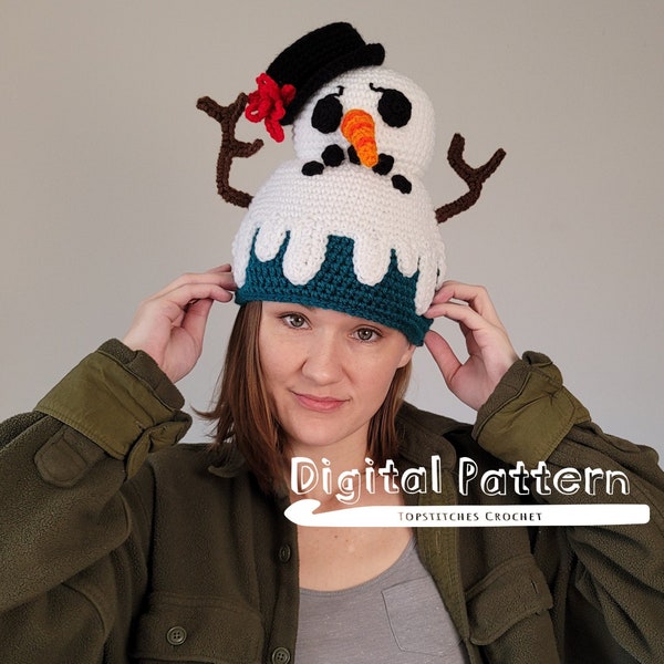 Melting Snowman Crochet Hat Pattern | Digital Crochet Beanie Tutorial for Christmas and Winter | Baby, Toddler, Child, & Adult Hat Sizes