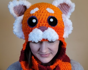 Crochet Pattern | Cute Red Panda Hat & Attached Scarf | Scoodie, Long Earflaps Hat | Sizes Toddler - Adult | Scarf is Optional | Digital PDF