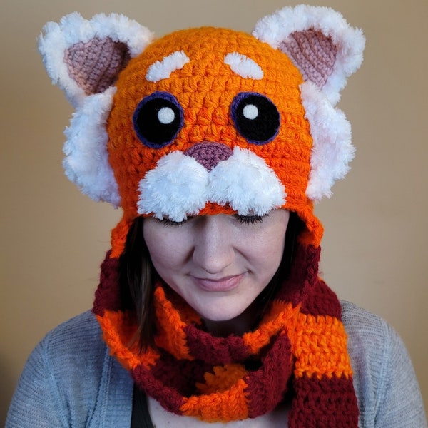 Crochet Pattern | Cute Red Panda Hat & Attached Scarf | Scoodie, Long Earflaps Hat | Sizes Toddler - Adult | Scarf is Optional | Digital PDF