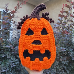 May include: A crocheted orange pumpkin with a black jack-o'-lantern face. The pumpkin has a brown stem and brown crocheted hair.