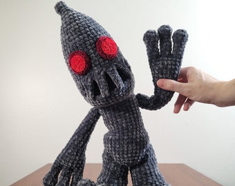 Swampy Ooze Crochet Monster | Spooky Gray & Red Amigurumi Plush | Stuffed Toy for Horror Fans | Ready to Ship | Super Soft Velvet Yarn