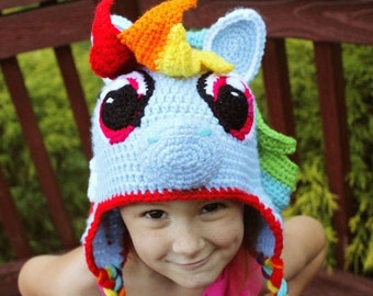 My Little Pony Rainbow Dash Crochet Hat Pattern | Rainbow Dash Costume Tutorial | Earflap Hat Pattern for sizes 2 Toddler - Adult